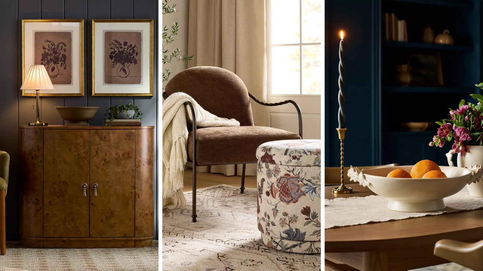 three rooms with furniture and decor from Shea McGee's fall Target line