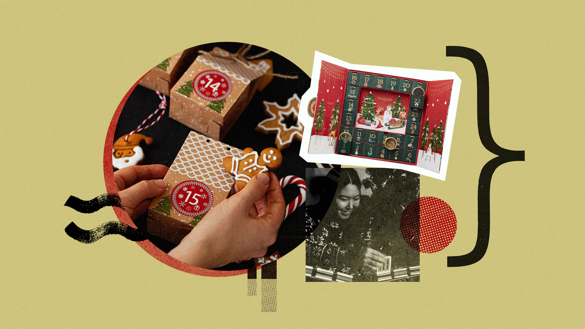 Photo collage of various advent calendars and people opening them