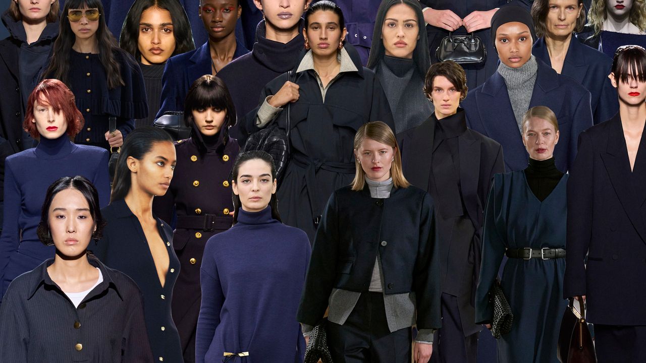 a collage of the navy color trend on the fall 2024 runway with various models all wearing blue clothing 