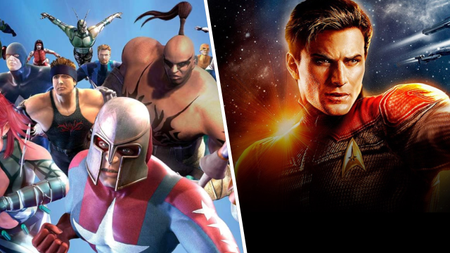 A split image of splash art for City of Heroes, showing a team of supers flying heroically towards the camera, and a determined-looking Star Trek officer in space.