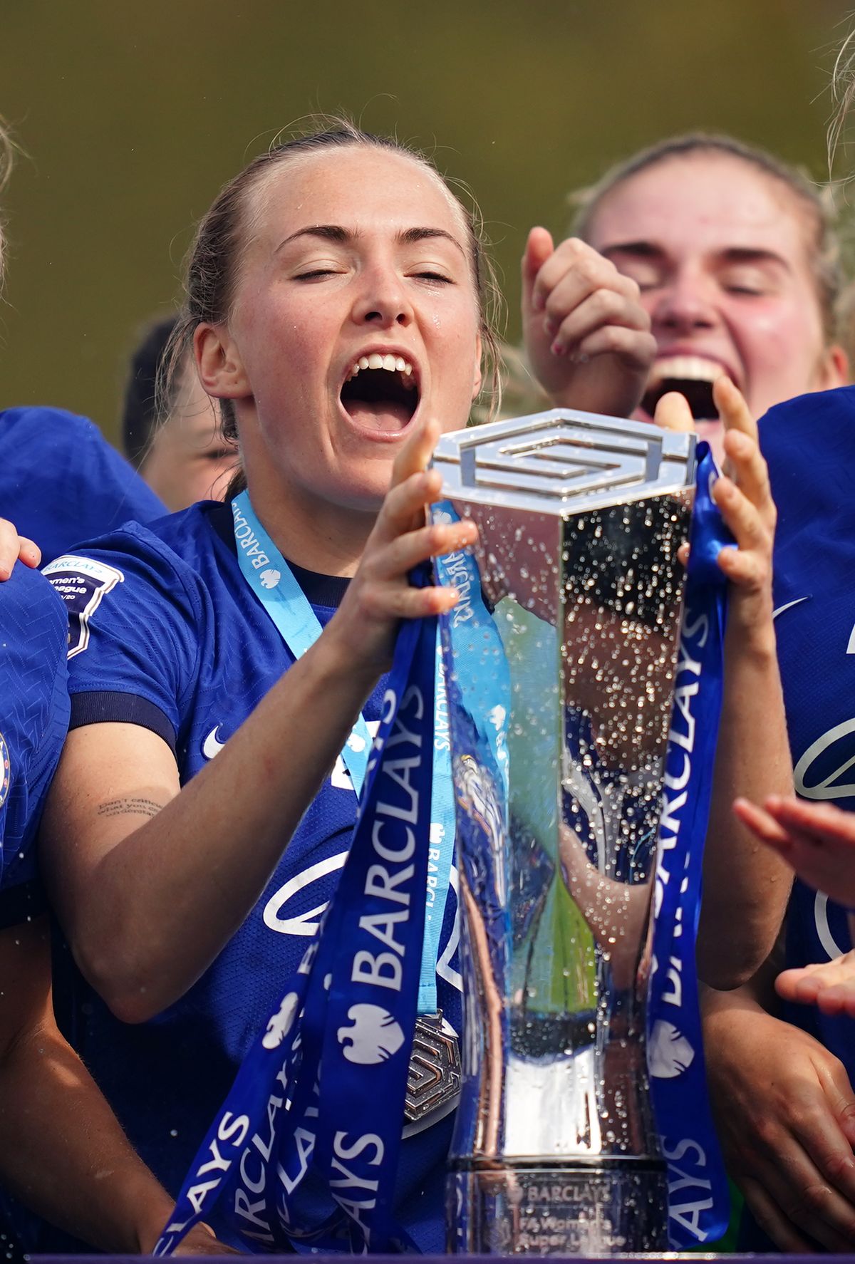 Magda Eriksson celebrates with the WSL trophy on Sunday