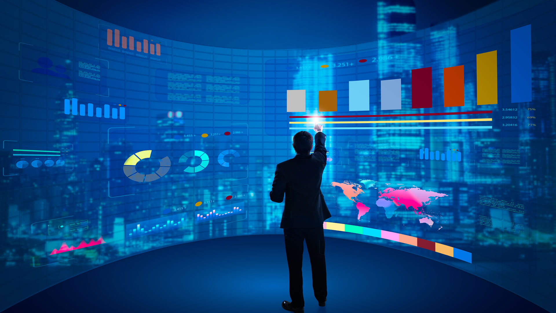 Businessman interacting with virtual digital dashboard displaying financial data, charts, and global maps over futuristic night city background.