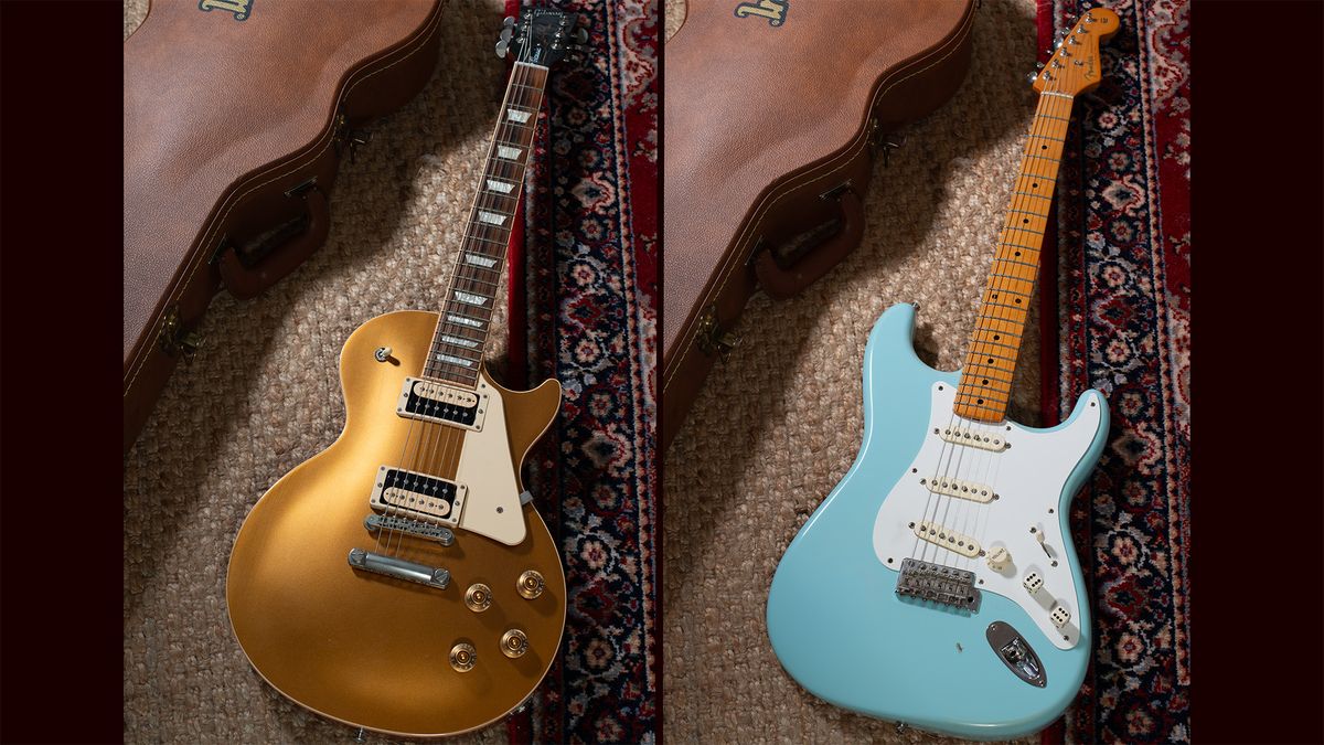 Photographs of a Gibson Les Paul Classic 2017T goldtop (left) and Fender Classic Series Stratocaster in Daphne Blue (right), exposed using a Sekonic Twinmate L-208