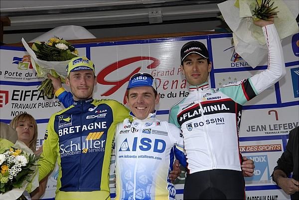 Florian Vachon (Bretagne Schuller), Denis Flahaut (ISD) and Enrico Rossi (Ceramica Flaminia) top the podium of the GP de Denain