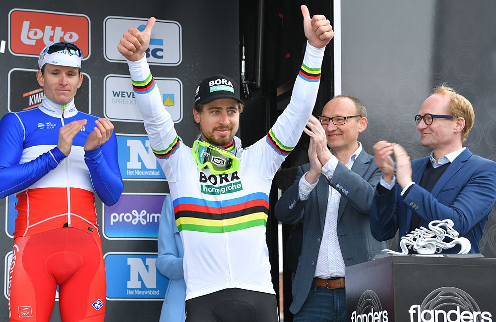 Peter Sagan walks out onto the podium after winning Gent-Wevelgem 2018