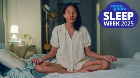 A woman sits on her bed meditating to try to fall asleep, a Tom's Guide Sleep Awareness Week 2025 graphic (right)