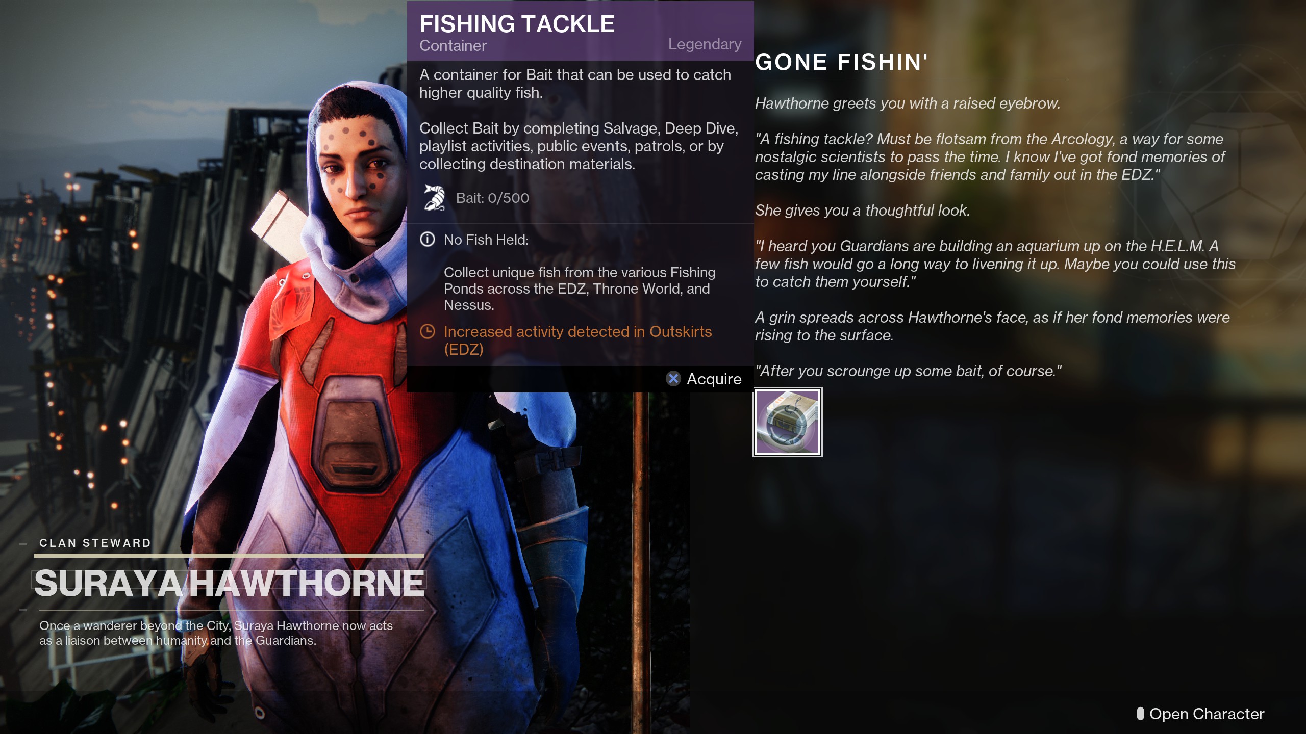 Destiny 2 fishing quest from Hawthorne