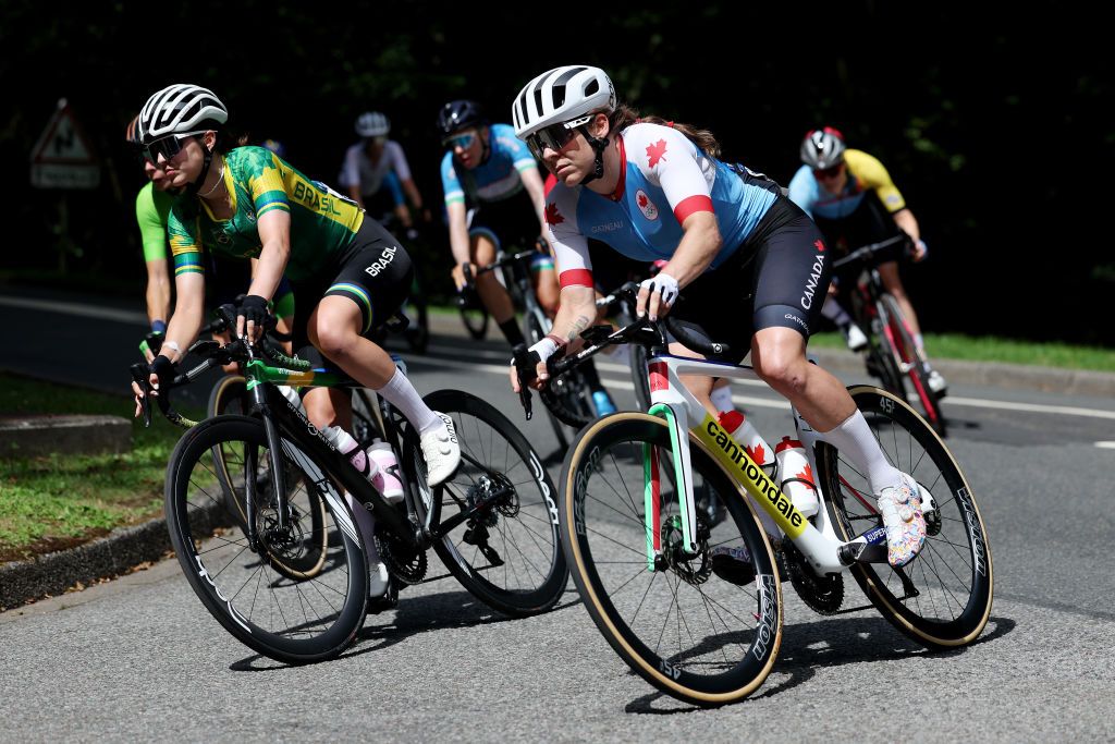 PARIS FRANCE AUGUST 04 LR Ana Vitoria Magalhaes of Team Brazil and Alison Jackson of Team Canada compete during the Womens Road Race on day nine of the Olympic Games Paris 2024 at Trocadero on August 04 2024 in Paris France Photo by Alex BroadwayGetty Images