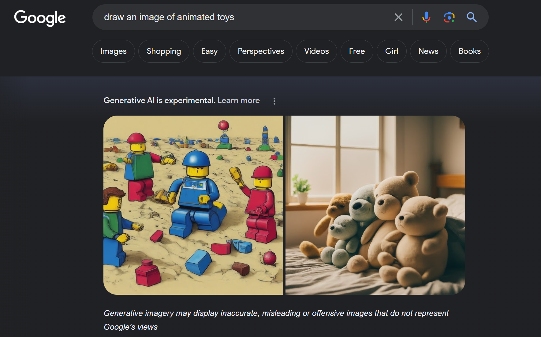 Google SGE's response to the prompt for animated toys