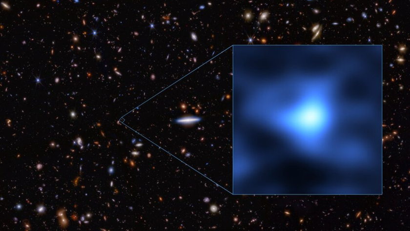 A boxout has a hazy blue dot. In the background, the entire scene within which this dot is but a speck. There are lots of other galaxies in that wider angle shot.