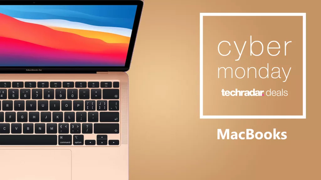 A MacBook Air against a beige background with a TechRadar Cyber Monday Deals badge