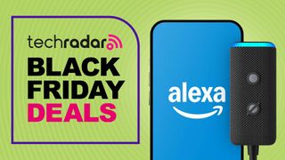 Amazon Echo Auto device and smartphone on green background with text 'TechRadar Black Friday Deals'