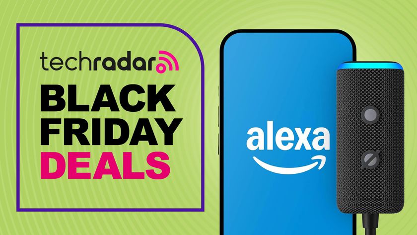 Amazon Echo Auto device and smartphone on green background with text &#039;TechRadar Black Friday Deals&#039;