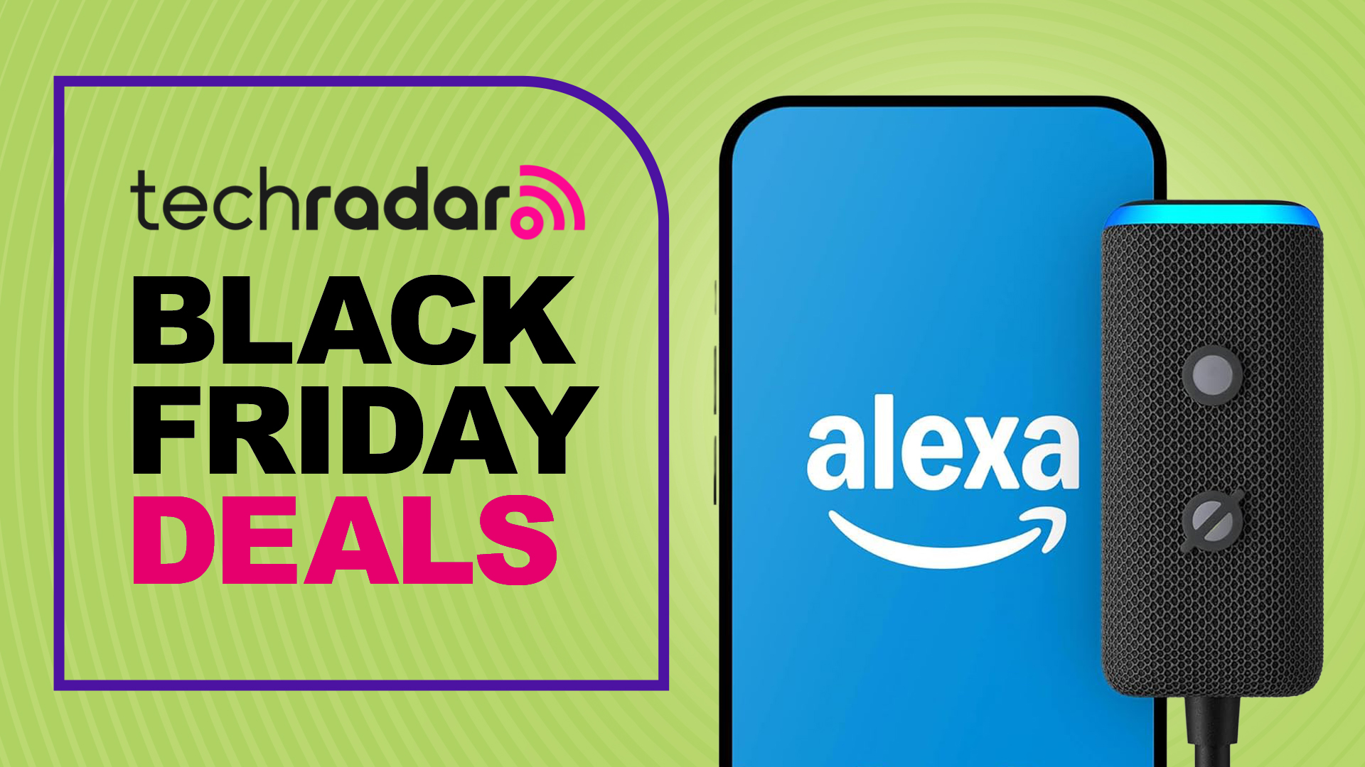 Amazon Echo Auto device and smartphone on green background with text &#039;TechRadar Black Friday Deals&#039;