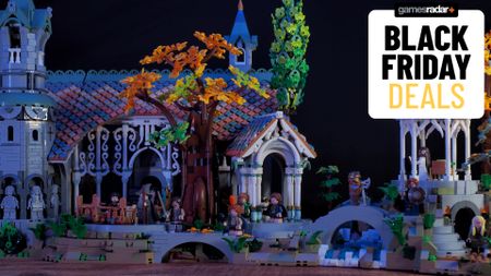 Lego Rivendell and minifigures against a dark background, with a 'Black Friday deals' badge in the upper right-hand corner