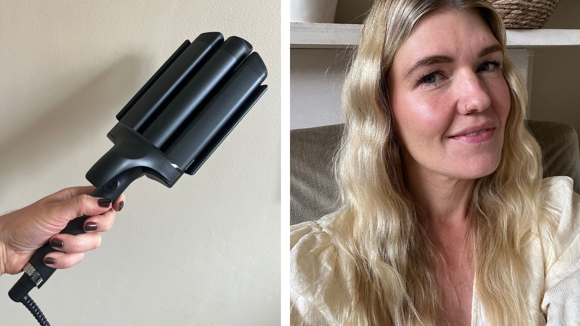an image of the ghd waver next to an image of fiona mckim wearing a cream top with wavy hair