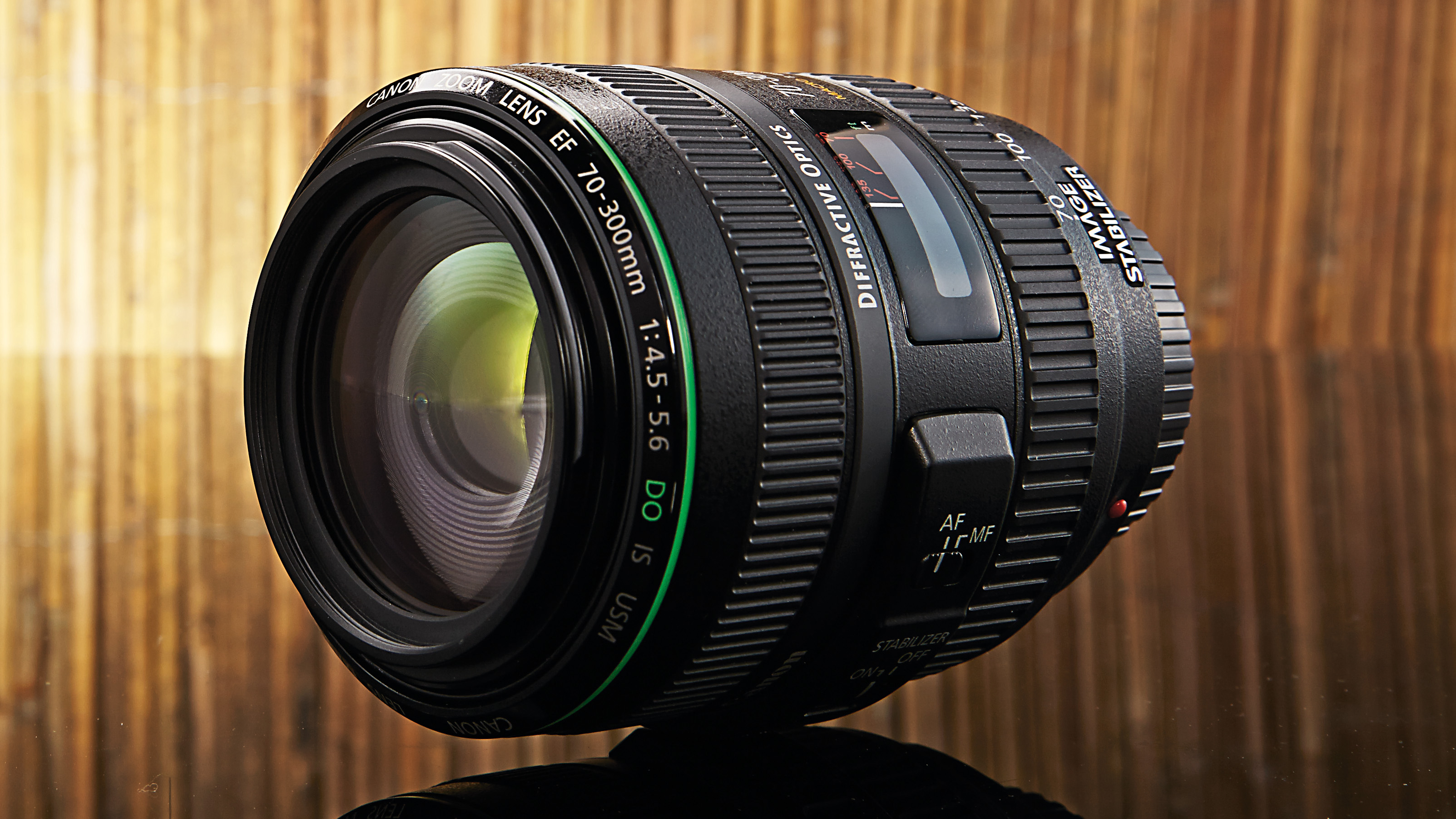 Canon EF 70-300mm f/4.5-5.6 DO IS USM lens with bamboo background