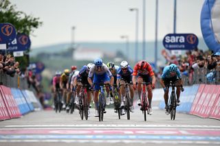 MELFI ITALY MAY 08 LR Michael Matthews of Australia and Team Jayco AlUla and Mads Pedersen of Denmark and Team Trek Segafredo sprint at finish line during the 106th Giro dItalia 2023 Stage 3 a 213km stage from Vasto to Melfi 532m UCIWT on May 08 2023 in Melfi Italy Photo by Stuart FranklinGetty Images