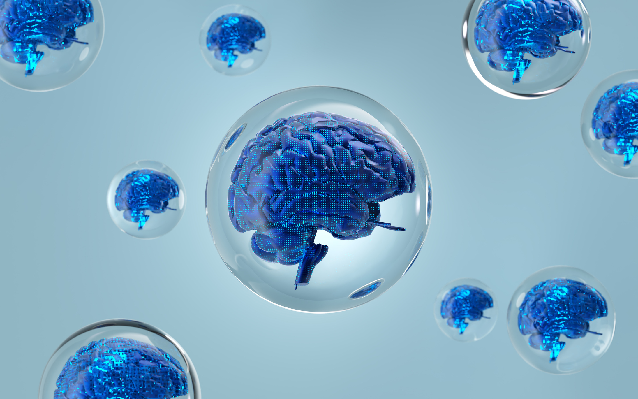 Futuristic mechanical brain representing artificial intelligence inside a bubble