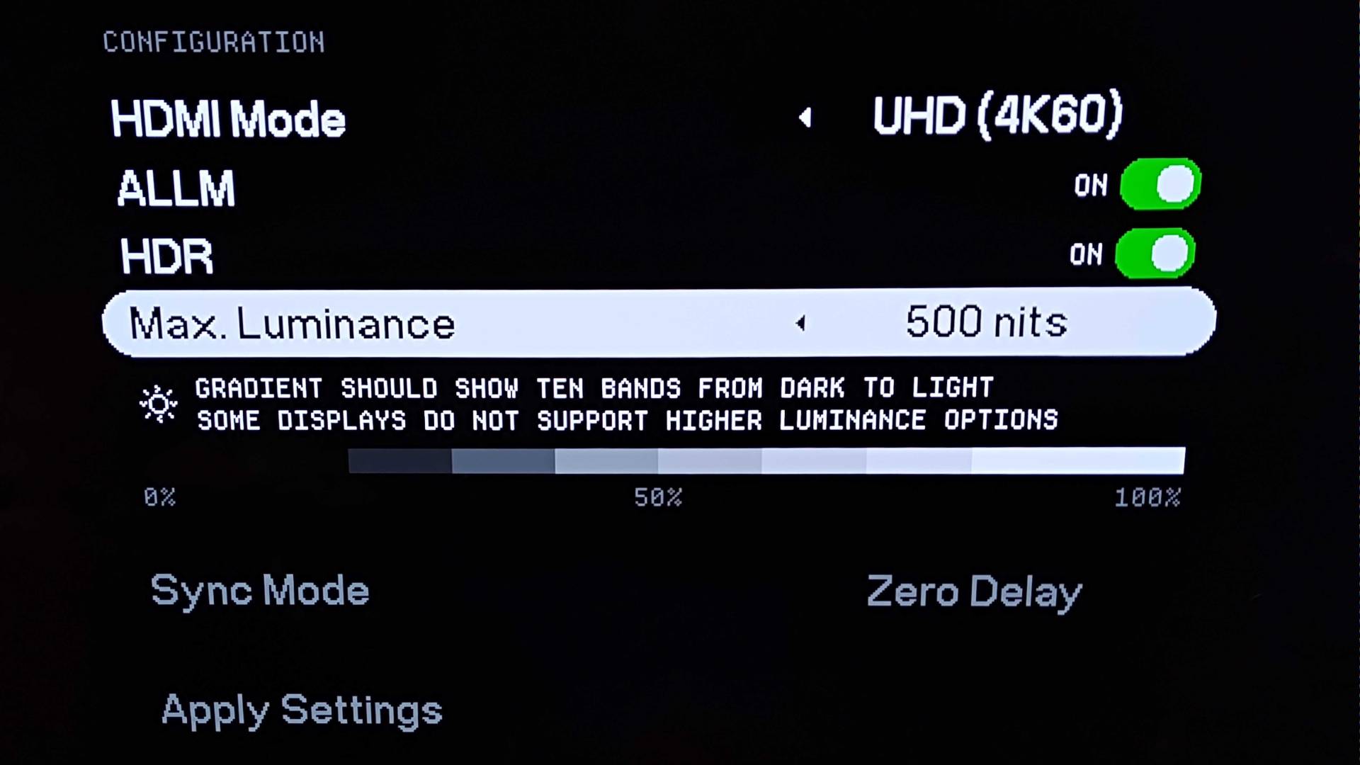 Close up of Analogue 3D configuration menu on OLED TV with Max. Luminance setting at 500 nits and gradient indicator below.