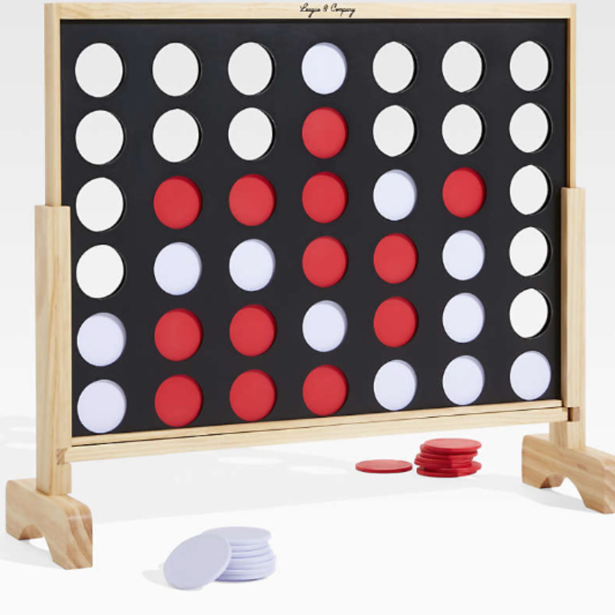 Black 4-in-a-row set with wooden frame and blue and red counters