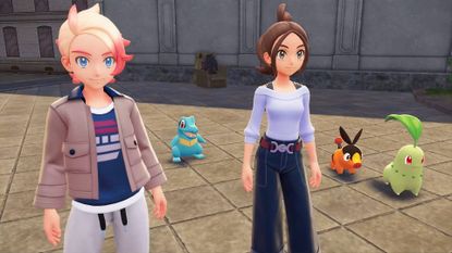 Pokemon Legends: Z-A screenshot shows Urbain and the protagonist stood beside Totodile, Tepig, and Chikorita.