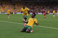 Nestory Irankunda celebrates scoring Australia's first goal of the 2026 World Cup