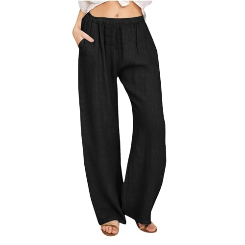 Kuih Cotton Linen Pants for Women 2025 Clearance Wide Leg Loose Fit Trousers Plain Straight Pants Spring Summer Lounge Jogger With Pockets Elastic High Waisted Sweatpants Gym Yoga Trouser Black