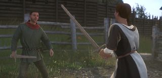 Theresa and Henry practicing swordplay together.