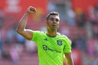 Casemiro of Manchester United celebrates after their sides victory during the Premier League match between Southampton FC and Manchester United at Friends Provident St. Mary's Stadium on August 27, 2022 in Southampton, England.