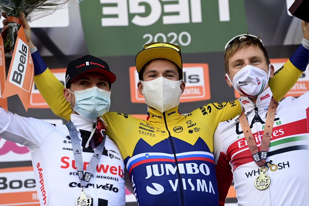 Liege Bastogne Liege 2020 106th Edition Liege Liege 257 km 04102020 Marc Hirschi SUI Team Sunweb Primoz Roglic SLO Team Jumbo Visma Tadej Pogacar SLO UAE Team Emirates photo Peter De VoechtPNBettiniPhoto2020