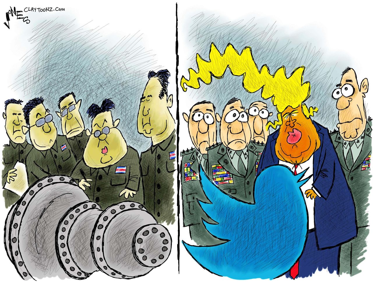 Political cartoon U.S. Trump tweets North Korea