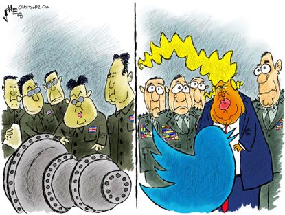 Political cartoon U.S. Trump tweets North Korea