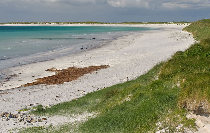 Coral sand beach at Kildonan (Cill Donnain) on isle of South Uist. Western Isles, Scotland.