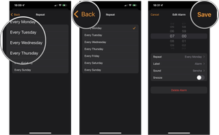 How to set a repeating alarm on iPhone or iPad: Tap the day or days of the week you want the alarm to repeat. Tap the back button at the top left corner and then tap the Save button at the top right corner of your screen