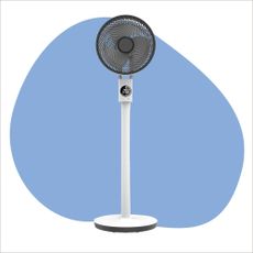 Cut out of the Meaco Sefte Pedestal Fan on a blue and white background