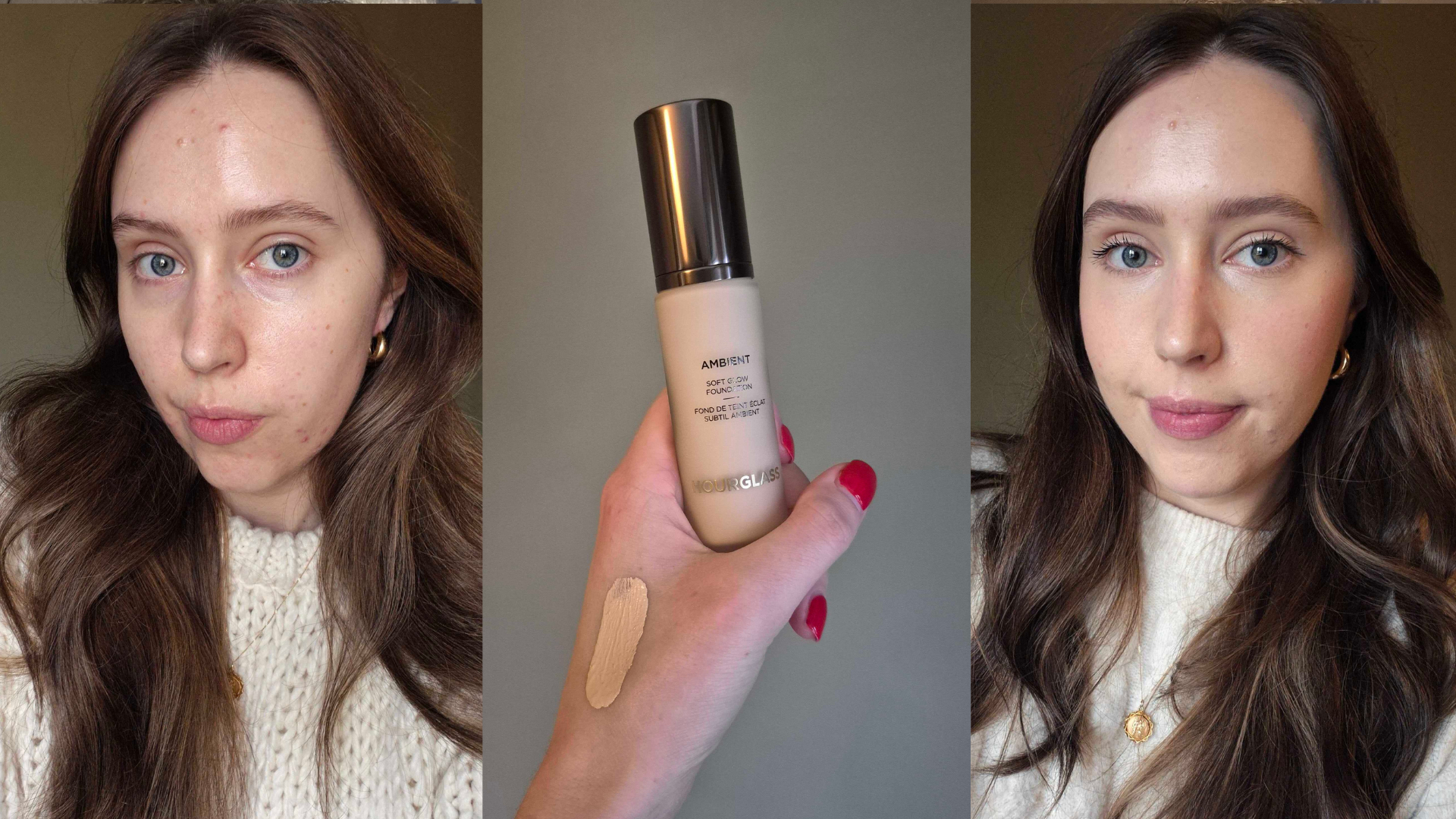 Trio of images showing Naomi before applying the Hourglass Ambient Soft Glow Foundation (left) a swatch on the back of her hand while holding the product (centre) and wearing the foundation (right)