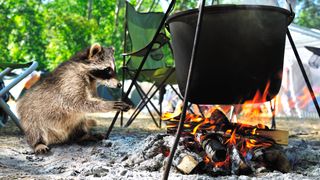 Curious cute raccoon warms his paws near the bonfire on which food is cooking