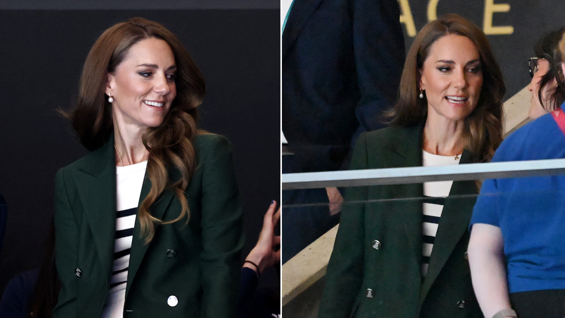 Princess Kate has long curly brown hair and is wearing a Breton striped sweater with a dark green Ralph Lauren blazer at the Commonwealth Games 2026