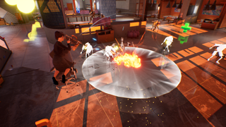 A woman in office attire riding a chair and shooting a bazooka