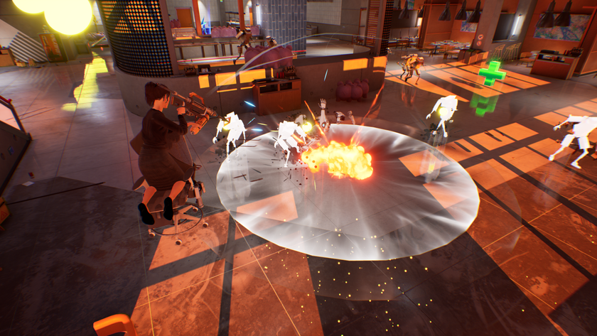 A woman in office attire riding a chair and shooting a bazooka