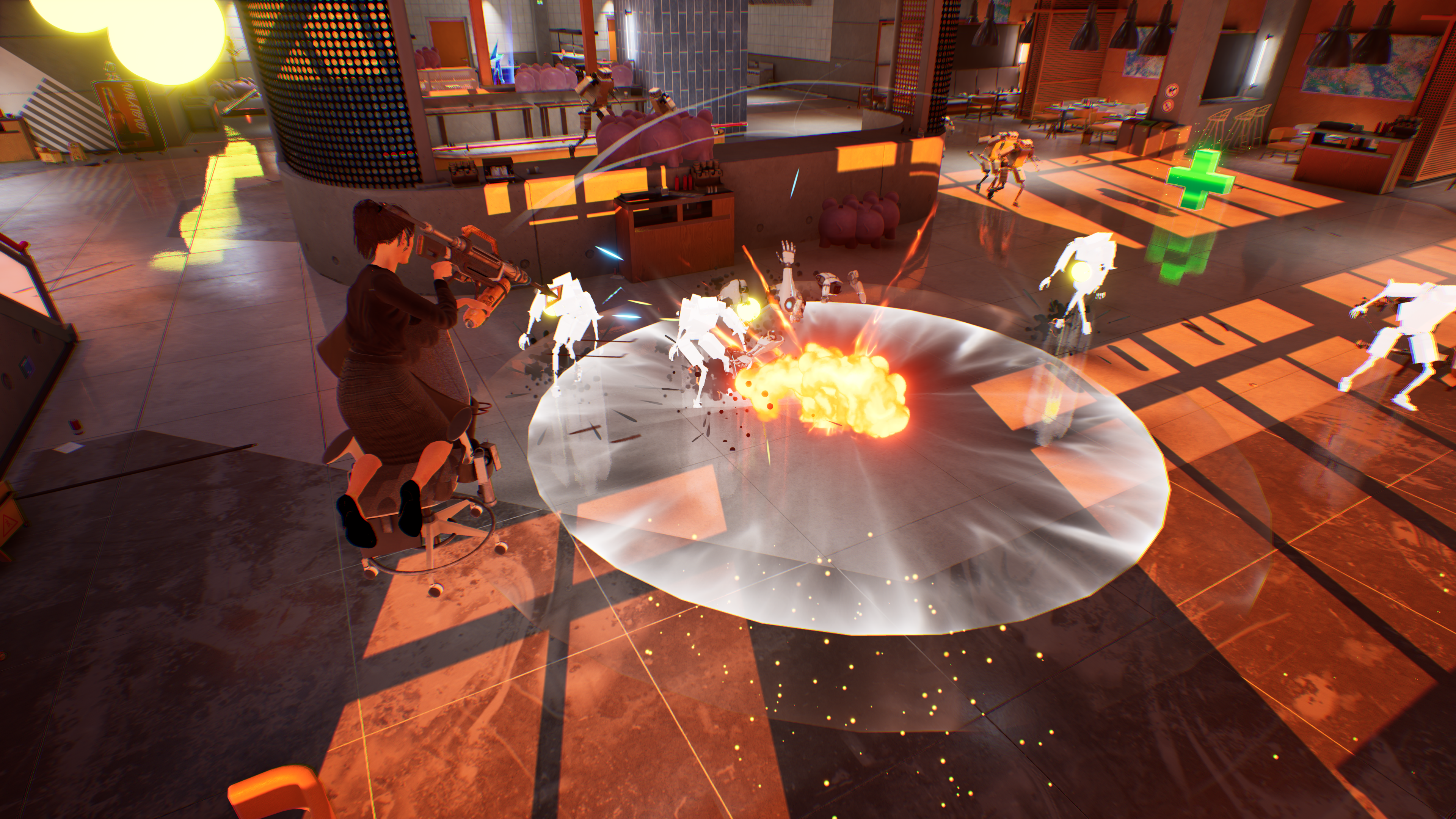 A woman in office attire riding a chair and shooting a bazooka