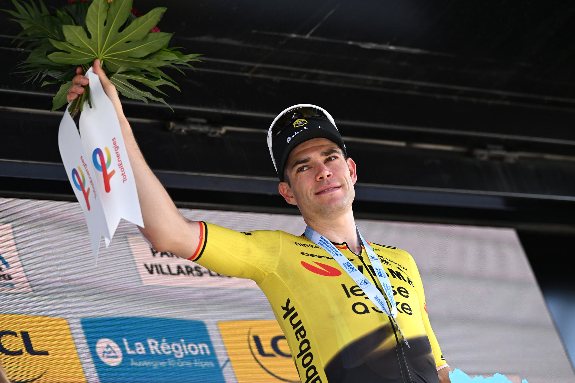 VILLARS-LES-DOMBES, FRANCE - JUNE 11: Wout van Aert of Belgium and Team Visma | Lease a Bike celebrates at podium as stage winner during the 78th Tour Auvergne-Rhone-Alpes 2026, Stage 5 a 195.8km stage from Saint-Chamond to Parc des Oiseaux Villars-les-Dombes / #UCIWT / on June 11, 2026 in Parc des Oiseaux Villars-les-Dombes, France. (Photo by Dario Belingheri/Getty Images)