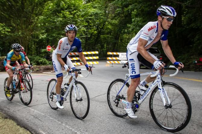 Brad White (UnitedHealthcare) leads teammate Chris Jones in the break and up the climb