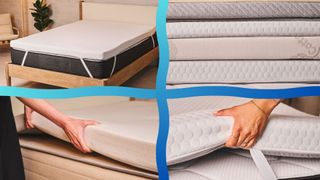 A four-image collage of different mattress toppers, each picture separated by a wavy blue-gradient line.
