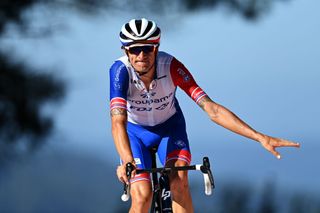 MOS SPAIN SEPTEMBER 04 Anthony Roux of France and Team Groupama FDJ crosses the finishing line during the 76th Tour of Spain 2021 Stage 20 a 2022km km stage from Sanxenxo to Mos Alto Castro de Herville 502m lavuelta LaVuelta21 on September 04 2021 in Mos Spain Photo by Stuart FranklinGetty Images