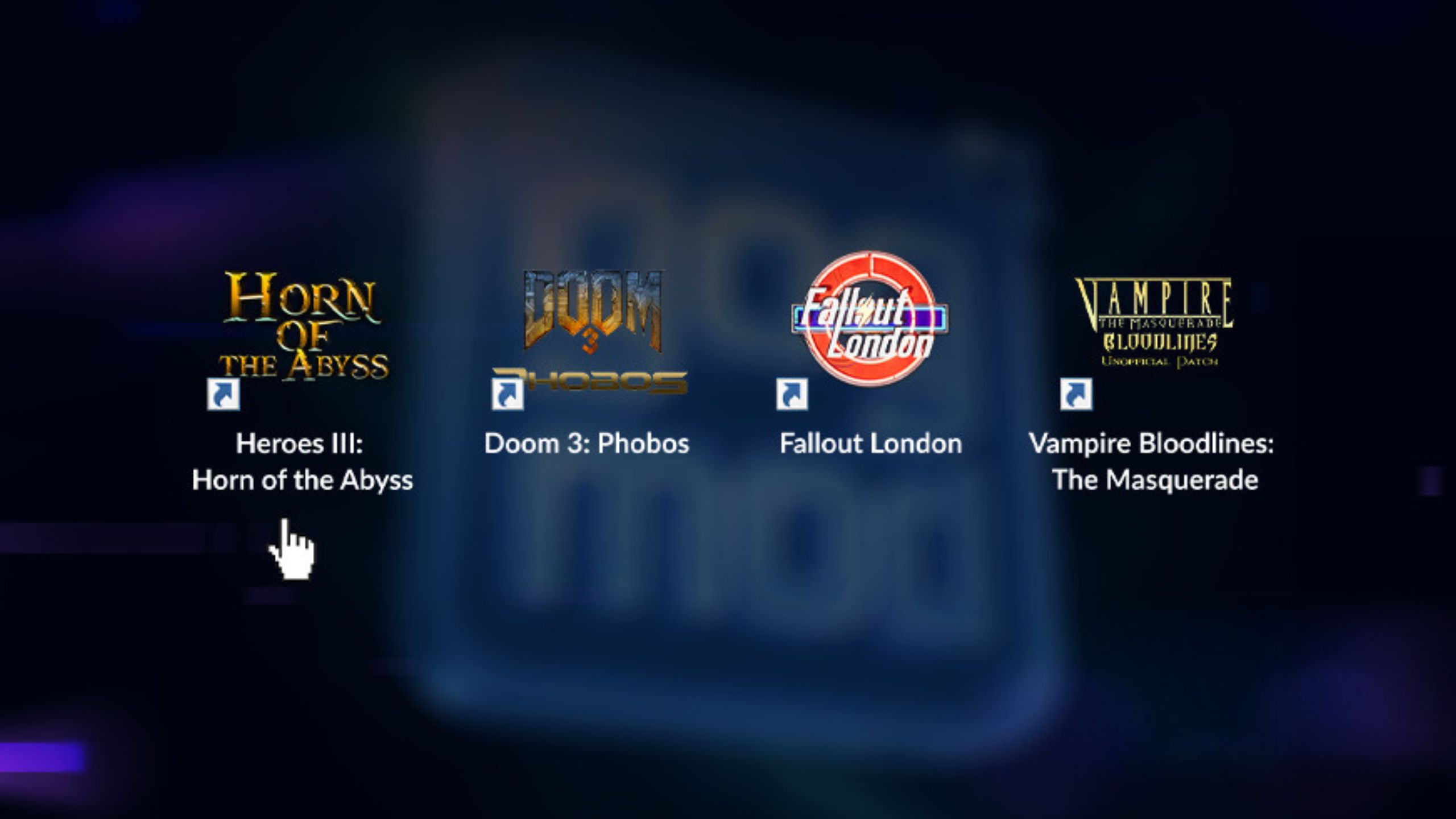 Screenshot of the GOG interface showing one-click installation options for mods like Heroes III Horn of the Abyss, Doom 3 Phobos, Fallout London, and Vampire Bloodlines.
