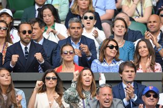 James, Carole and Pippa Middleton and Alizee Thevenet cheering at a Wimbledon match