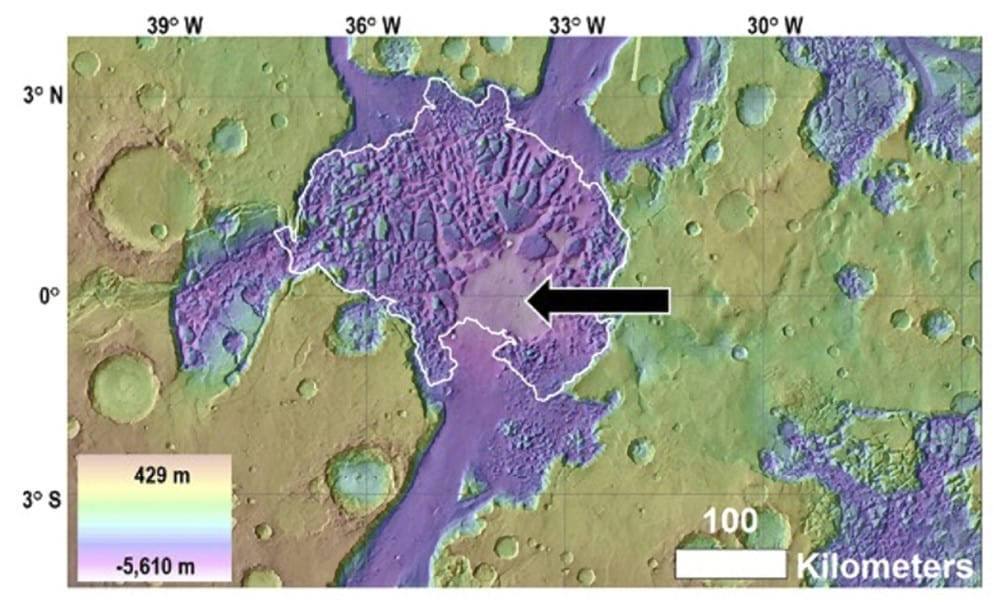 Satellite view of Hydraotes Chaos (white outline), including the location of the proposed mud lake (black arrow).