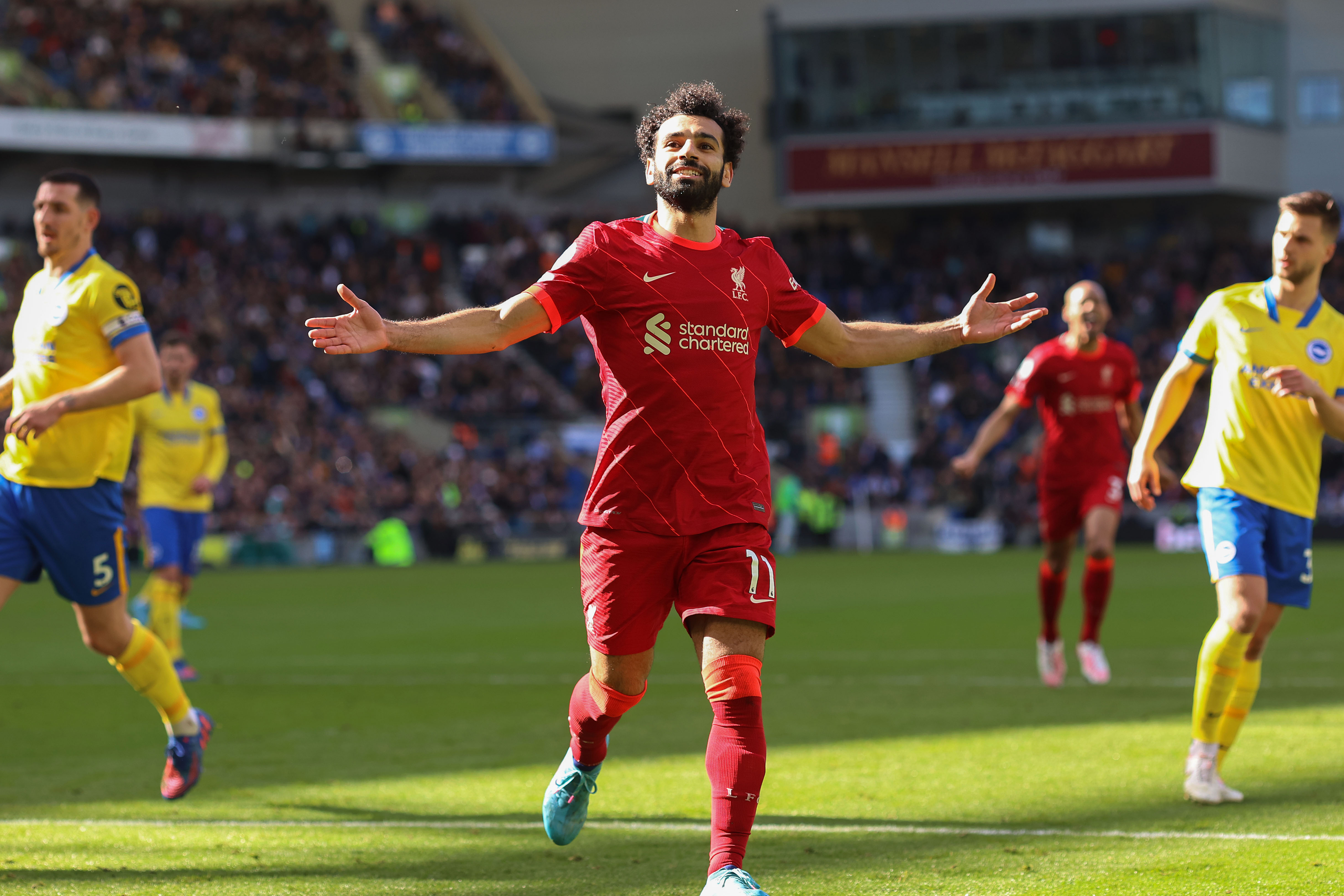 Mo Salah of Liverpool celebrates after a goal in the Premier League